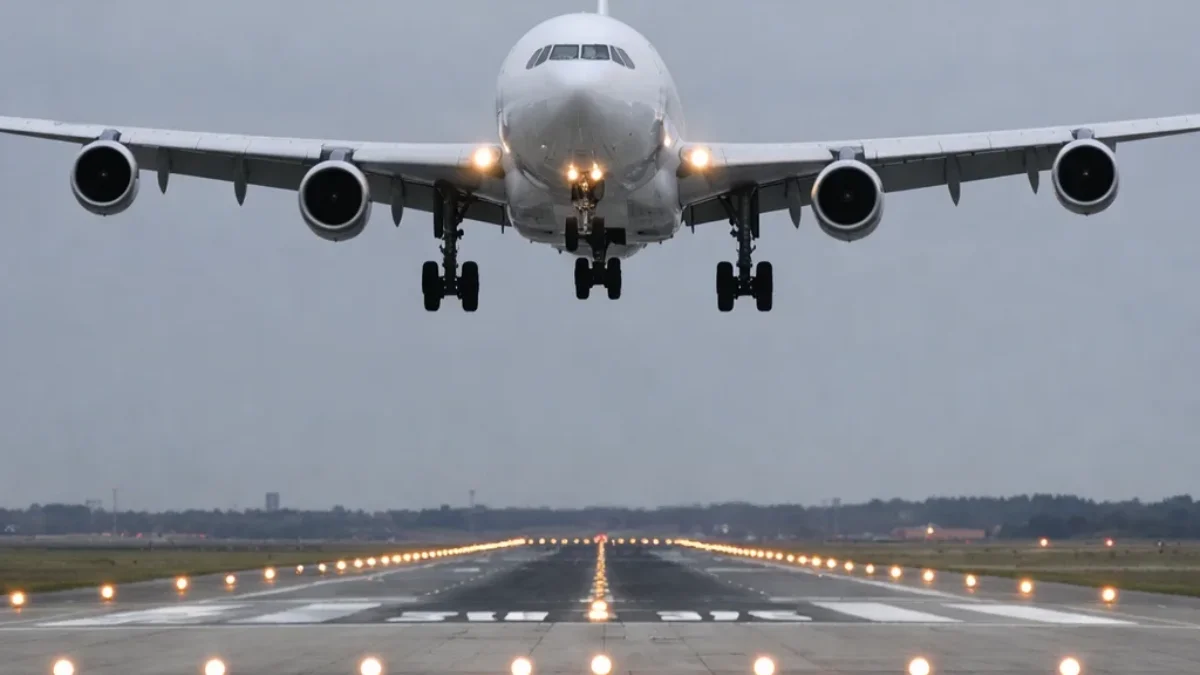 Large widebody commercial aircraft on short final approach to runway, representing FAA AD 2026-13-10 on pitch control and tail strike protection risks from 5G C-Band interference for Boeing 747-8 and 777 operators`