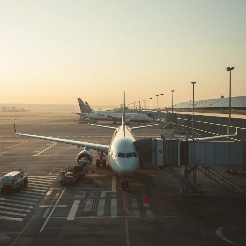 Modern airport apron at dawn with sustainability infrastructure visible, representing aviation carbon compliance under CORSIA and the proposed EU ETS expansion`