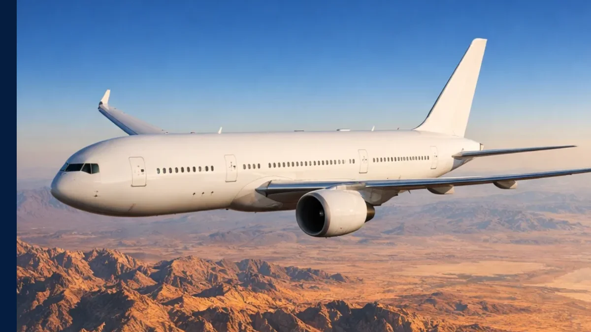 Large commercial aircraft at cruise altitude over Middle Eastern desert landscape, representing EASA's restructured conflict zone advisory framework for the Middle East and Persian Gulf`