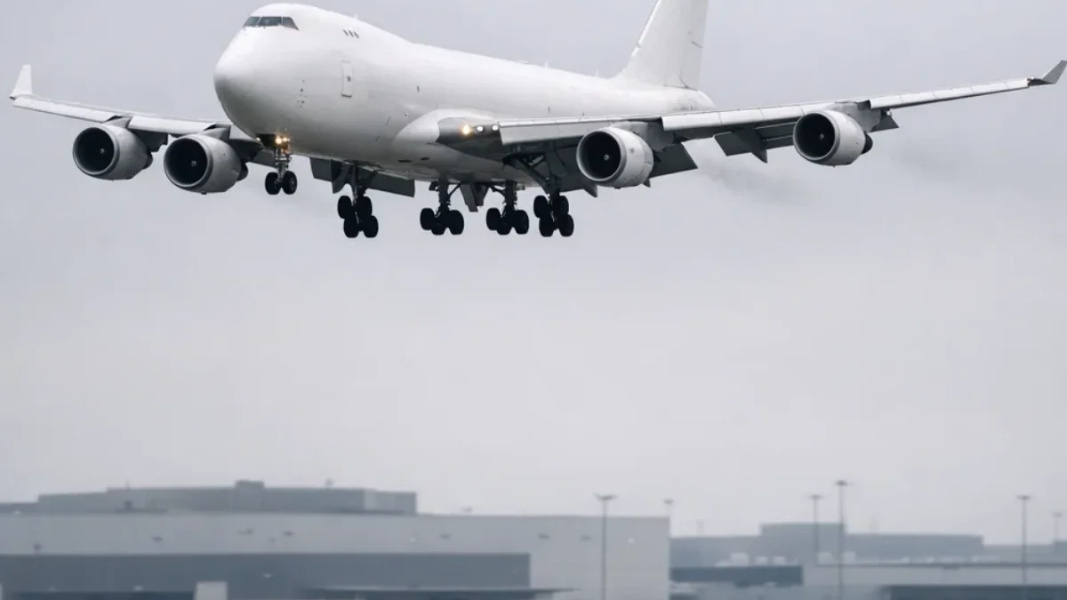 Four-engine widebody freighter aircraft on final approach, representing FAA AD 2026-13-14 5G Canadian airspace radio altimeter limitations for Boeing 747 Classic and 400 series operators`