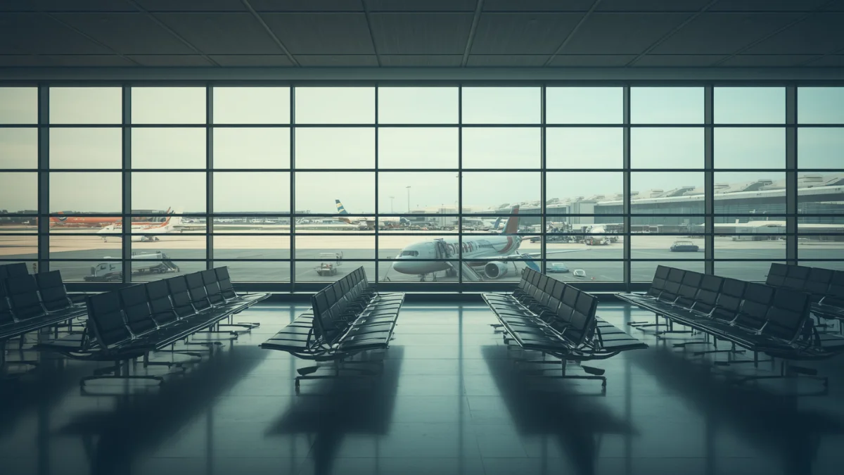 Modern airport departure gate with aircraft visible through windows, representing the EU's reform of Regulation (EC) No 261/2004 on air passenger rights