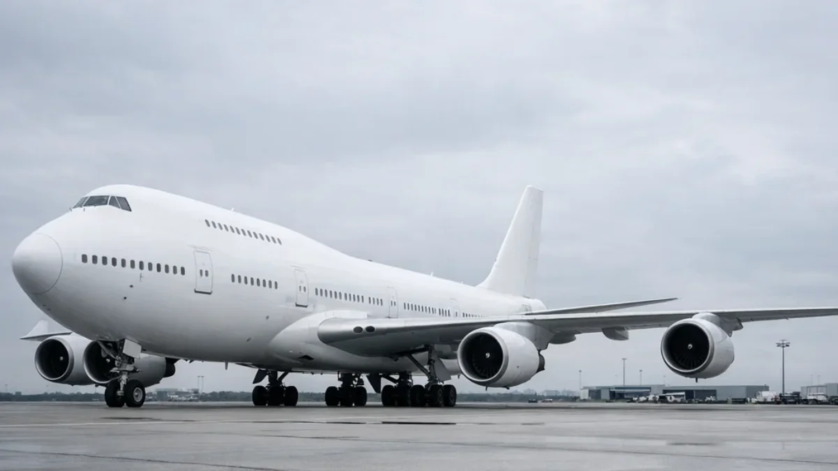 Boeing 747 four-engine widebody aircraft on airport apron, representing FAA AD 2026-10-14 SATCOM antenna adapter plate corrosion inspection requirement`