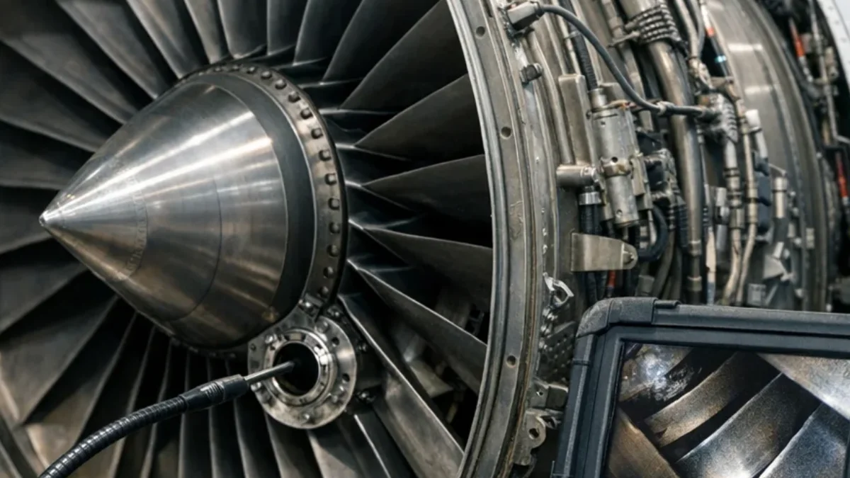 Jet engine HPT section borescope inspection in MRO hangar, representing FAA AD 2026-14-06 HPT rotor stage 1 blade inspection requirements for CFM LEAP-1A engines operating in South Asia`