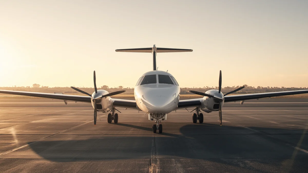 Twin-engine turboprop aircraft with T-tail on general aviation apron, representing FAA AD 2026-15-05 on corrected wing spar inspection intervals for Textron King Air 350 B300 and B300C aircraft`