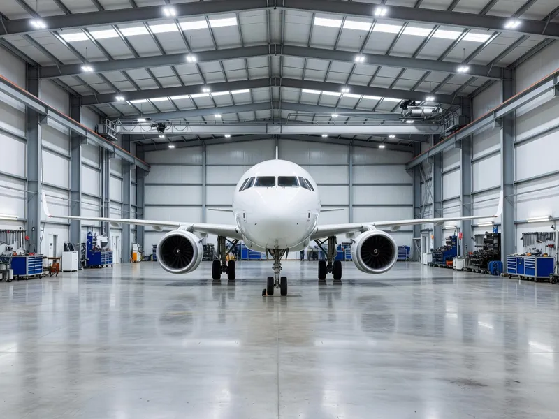 Modern narrow-body aircraft in maintenance hangar with engine cowlings open, representing FAA AD 2026-15-13 on HPV butterfly seal clip repetitive replacement for Airbus A320neo family`