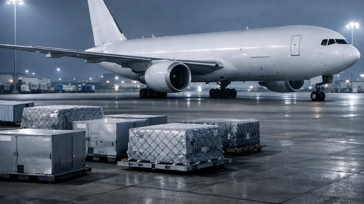 Large twin-engine widebody freighter aircraft on cargo ramp at night, representing FAA AD 2026-13-16 5G Canadian airspace AFM requirements for Boeing 757 and 767 operators