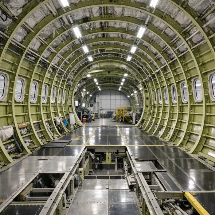 Commercial aircraft fuselage structure exposed in MRO hangar, representing forward pressure bulkhead and fuselage skin inspection requirements under FAA AD 2026-10-15`
