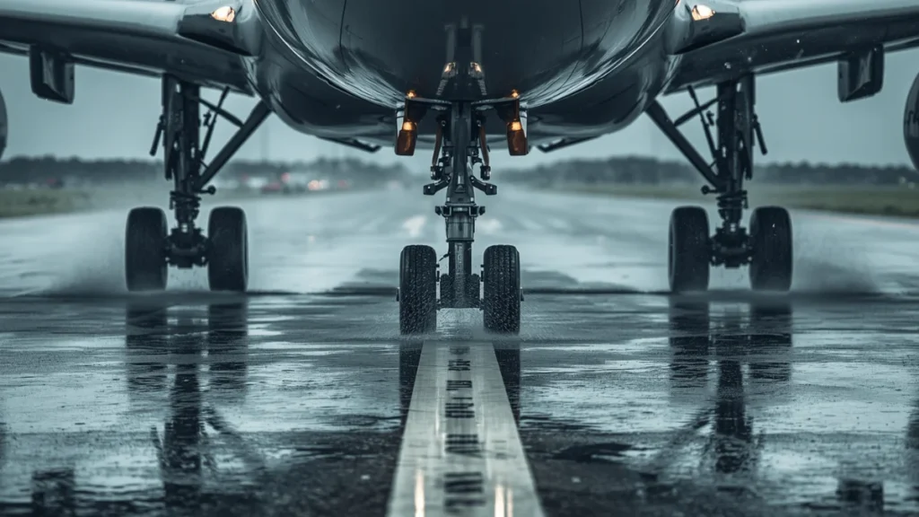`Commercial aircraft main gear touchdown on runway, representing runway excursion risk from 5G C-Band radio altimeter interference addressed by FAA AD 2026-13-11`