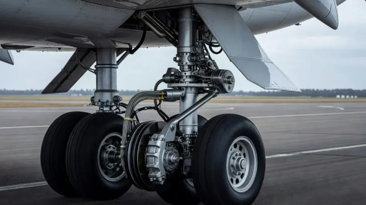 Business jet main landing gear and brake assembly, representing FAA AD 2026-15-09 on brake control unit inspection and replacement for Bombardier BD-700-1A10 and BD-700-1A11 aircraft`