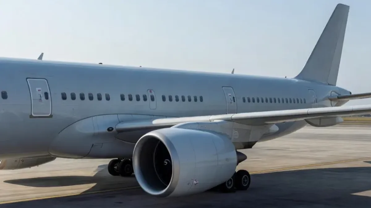 a large twin-engine widebody commercial aircraft parked on an airport apron, viewed from a low angle emphasising the wing leading edge and engine nacelle, clean morning daylight