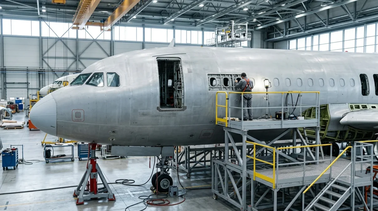 Large twin-engine widebody aircraft wing leading edge and nacelle on airport apron, representing FAA AD 2026-15-10 on wing sloping rib cracking inspections for Airbus A330neo operators