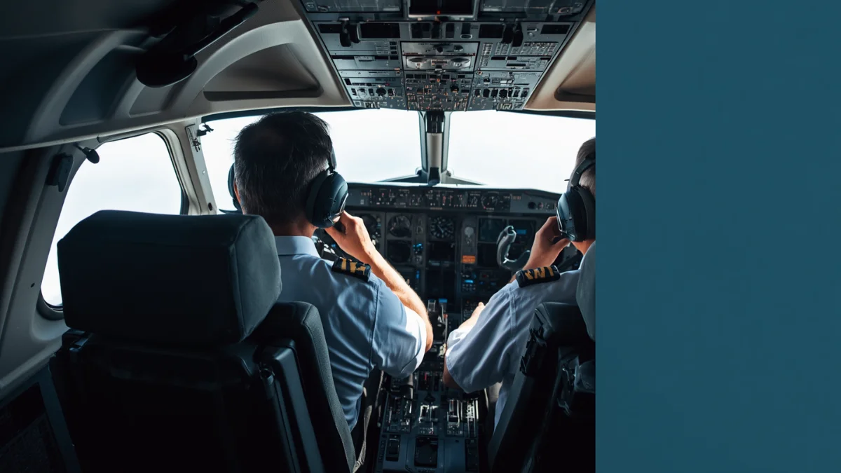 nside a modern pressurized business jet cockpit at high altitude, two pilots seen from behind in natural working posture, one quick-donning oxygen mask