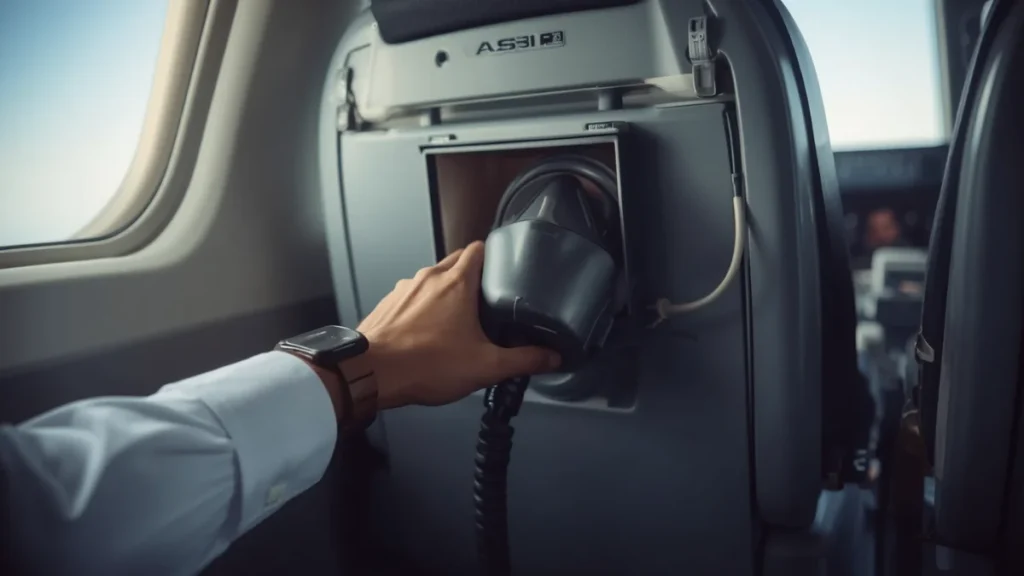 Close, technically plausible view of a pilot's hand reaching for a quick-donning oxygen mask stored beside a modern business-jet cockpit seat, flight deck softly visible in the background