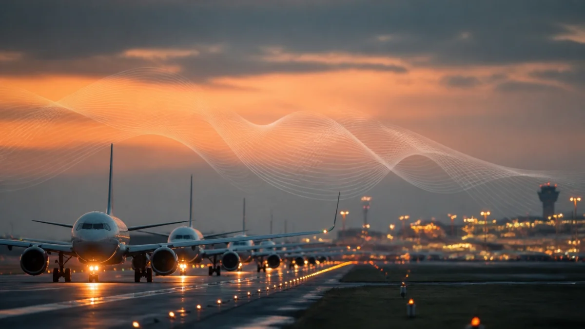 Aircraft lining up for departure at a European hub airport under the EU Balanced Approach noise rules