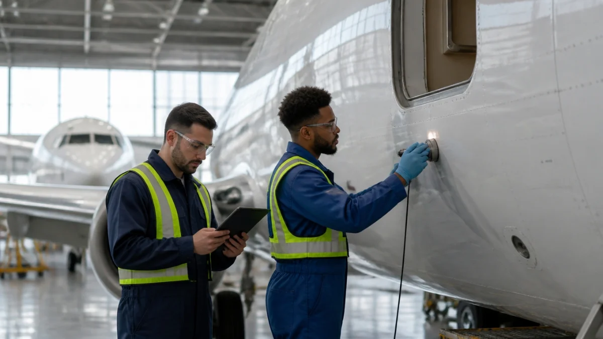 Engineers inspect the fuselage skin of a Boeing 737 MAX galley door under FAA AD 2026-15-11