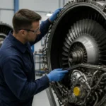 Technician inspects the HPC section blades of an IAE V2500 engine for FAA AD 2026-17-03 compliance