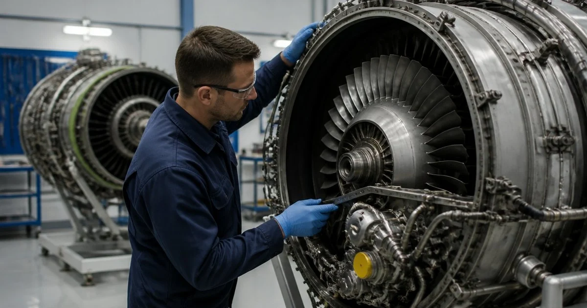 Technician inspects the HPC section blades of an IAE V2500 engine for FAA AD 2026-17-03 compliance