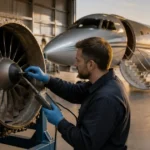 Technician performs ultrasonic inspection of a turbofan engine under FAA ADs affecting Falcon 2000EX and Trent 700