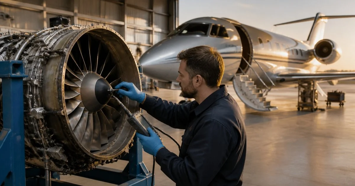 Technician performs ultrasonic inspection of a turbofan engine under FAA ADs affecting Falcon 2000EX and Trent 700