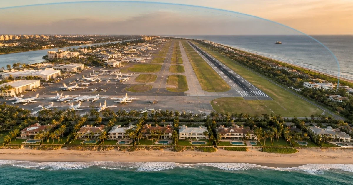 Aerial view of a coastal Florida airport with an airspace boundary overlay under the FAA's SFRA proposal