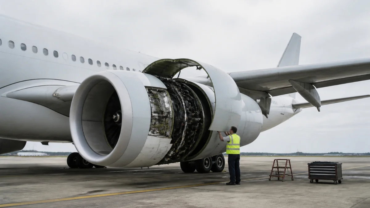 Rolls-Royce Trent 700 engine mounted under the wing of an Airbus A330 during line maintenance