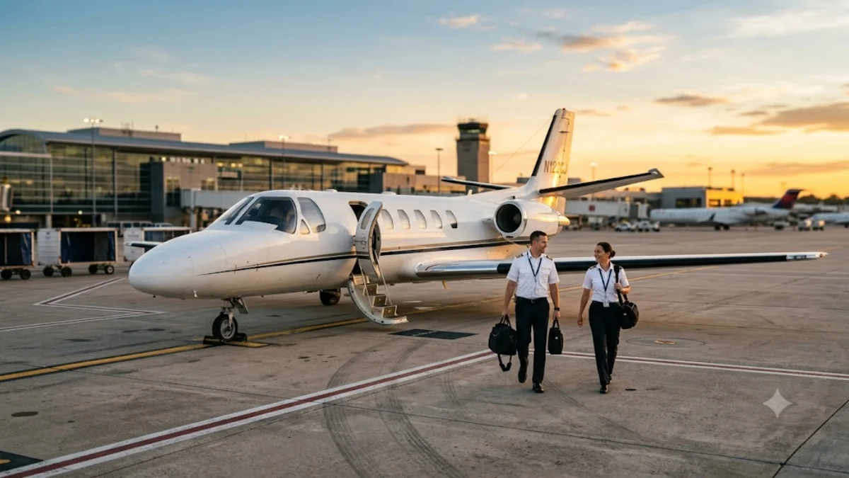 Cessna Citation CE-500 business jet on an airport apron with two pilots walking toward the aircraft