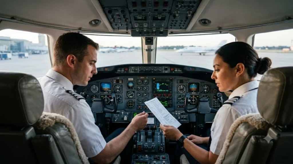 Two pilots completing a checklist together in a Citation cockpit, illustrating the two-pilot crew requirement