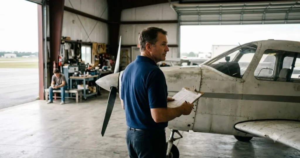 Flight instructor with a clipboard standing beside a grounded training aircraft in a hangar while a student waits behind.