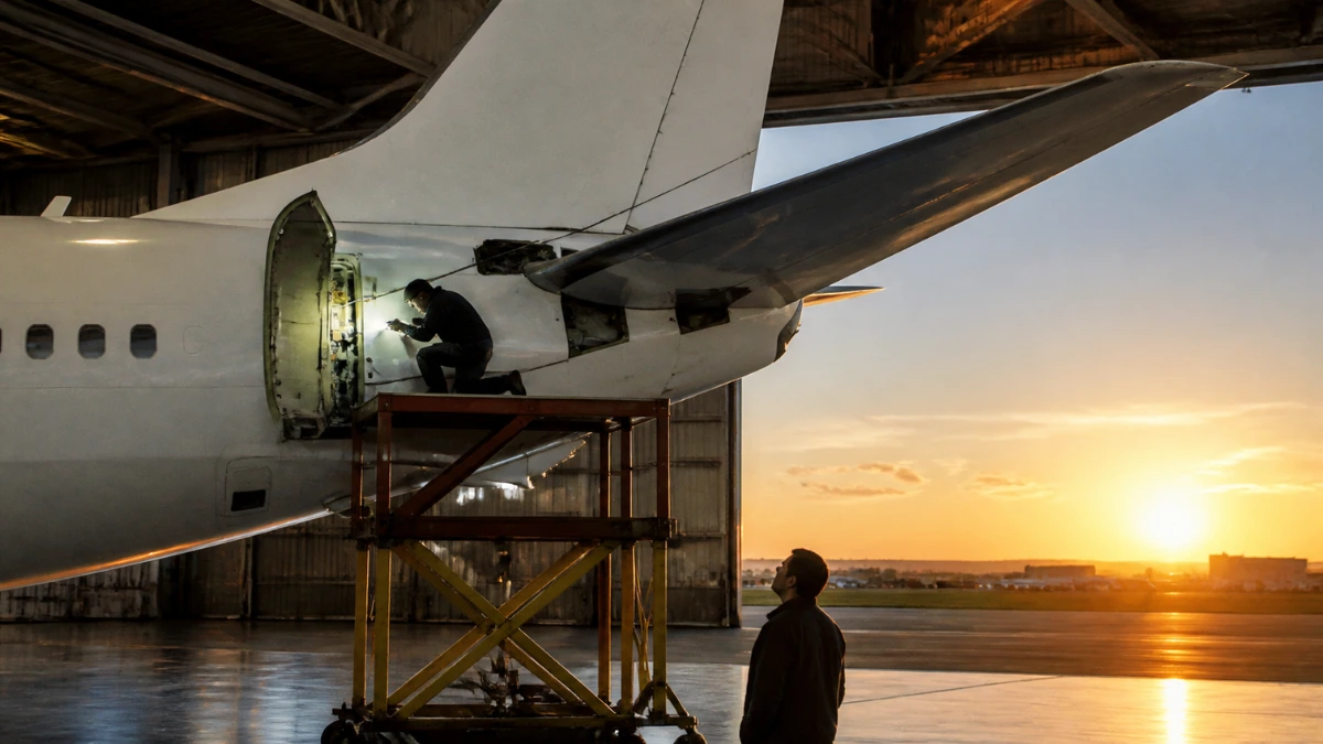 Technician inspecting the horizontal stabilizer pivot area of a Boeing 737NG in a maintenance hangar with access panels open.