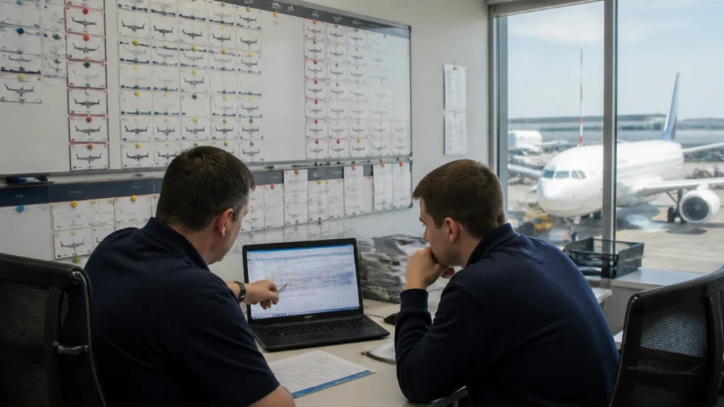  Maintenance planners reviewing a fleet schedule board with aircraft status cards while an airliner waits on the apron outside.