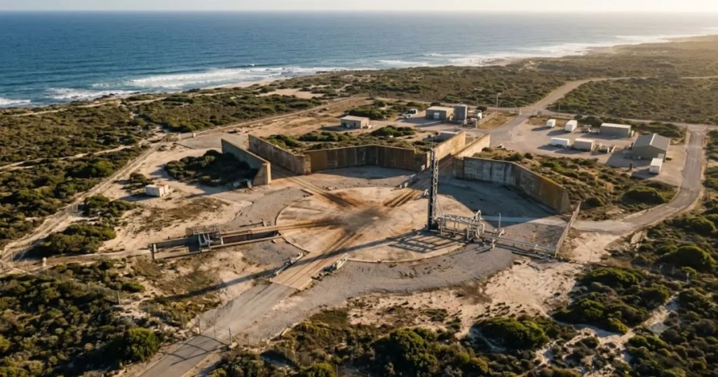 Aerial view of a coastal spaceport showing a launch pad, containment structure and cleared perimeter area.