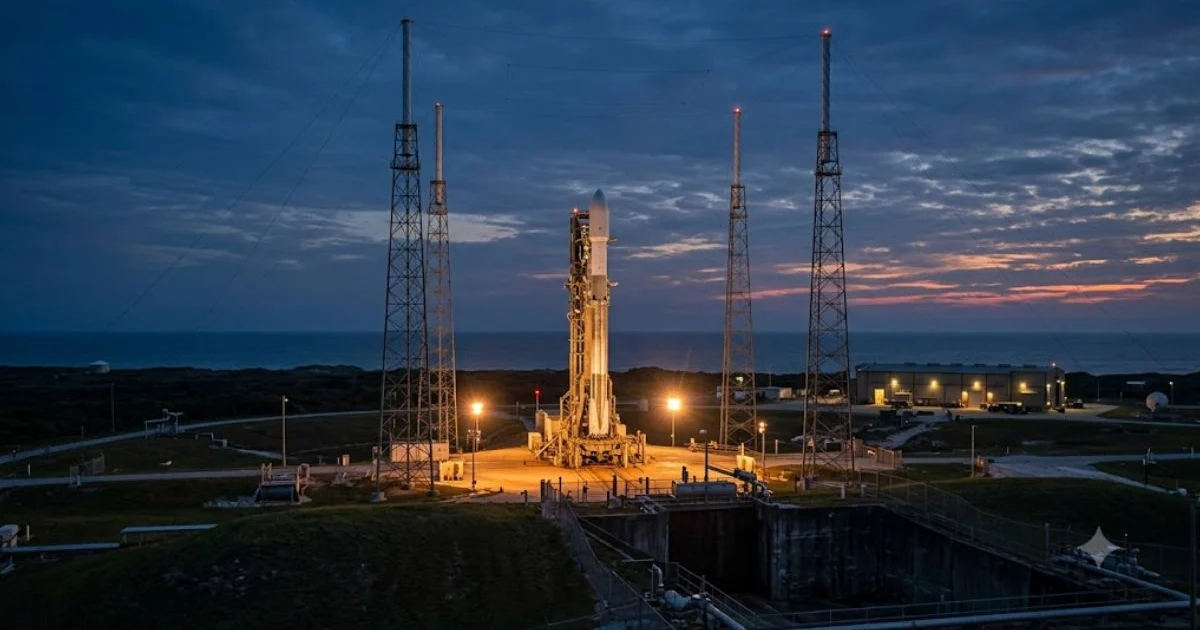 A small orbital launch vehicle standing on a floodlit coastal launch pad flanked by lightning-protection towers at dusk.