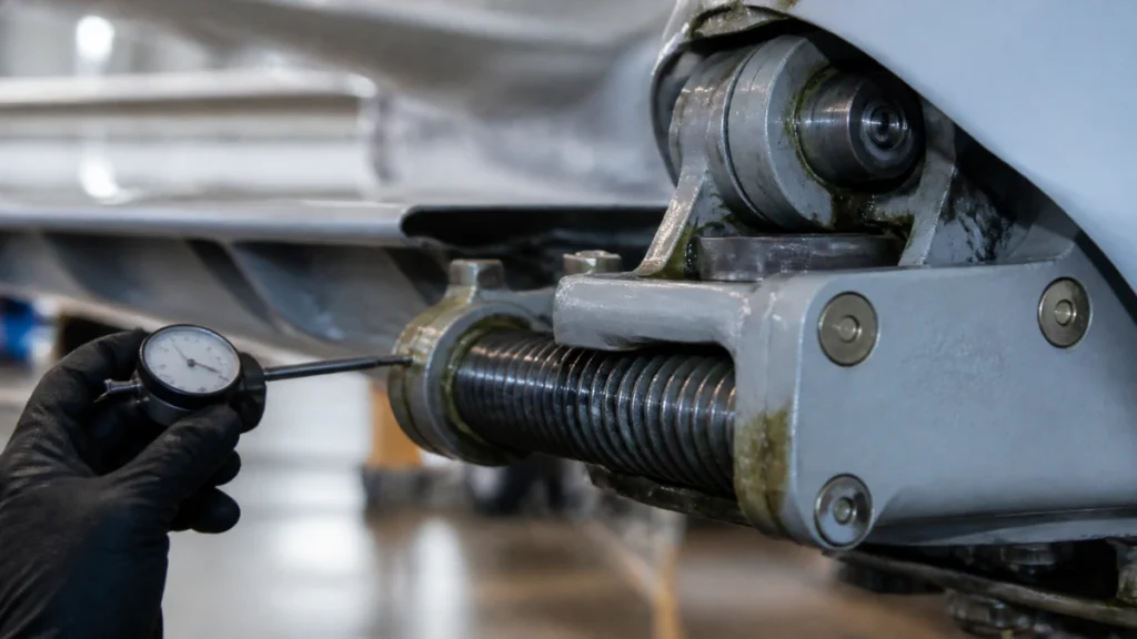Close-up of a technician measuring a horizontal stabilizer jackscrew assembly with a dial gauge during an inspection.