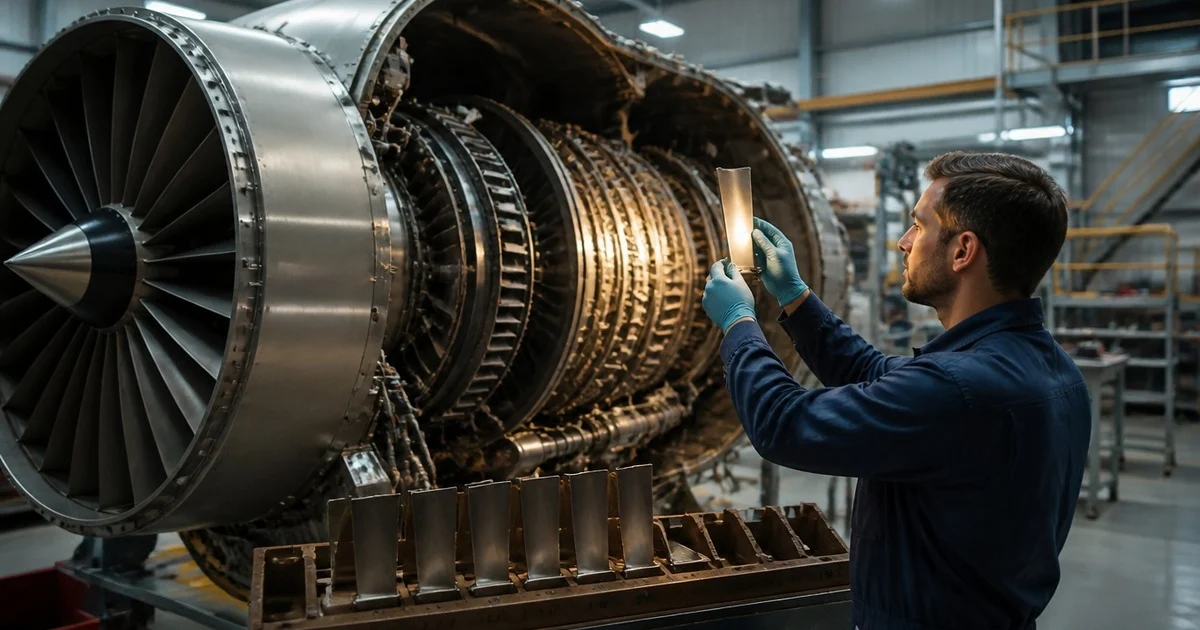 Technician inspecting a single compressor blade beside an opened turbofan engine in an overhaul shop with a blade rack alongside.