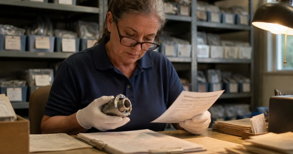  Stores clerk in gloves cross-checking a part serial number against a paper record card in an aviation stores office.