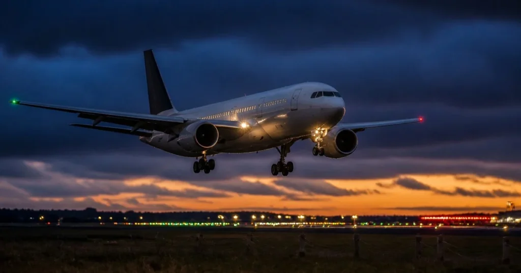 Wide-body twin-engine airliner on final approach at dusk with landing gear extended and runway lights glowing.